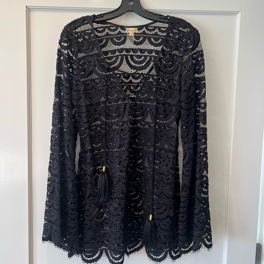 Black Crochet Swim Coverup Tunic with Tassel Detail